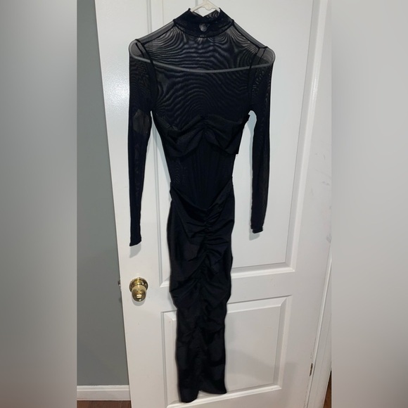 New! SER.O.YA Levina Sheer Ruched Midi Dress Mock Neck Long Sleeve 🖤 XS NWT! - Picture 9 of 14